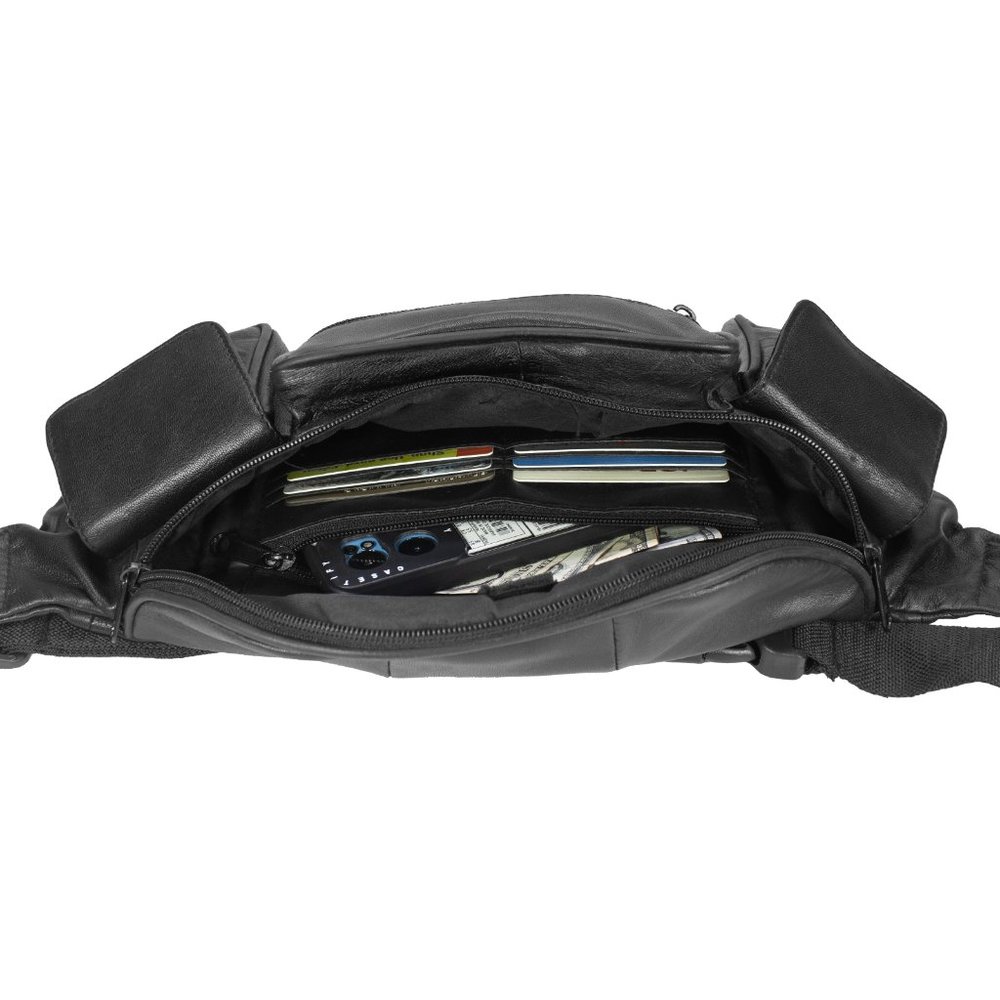 Leather Fanny Pack Multi Zippered Waist Bag Hip Belt Bag for Unisex, Black - Picture 5 of 10